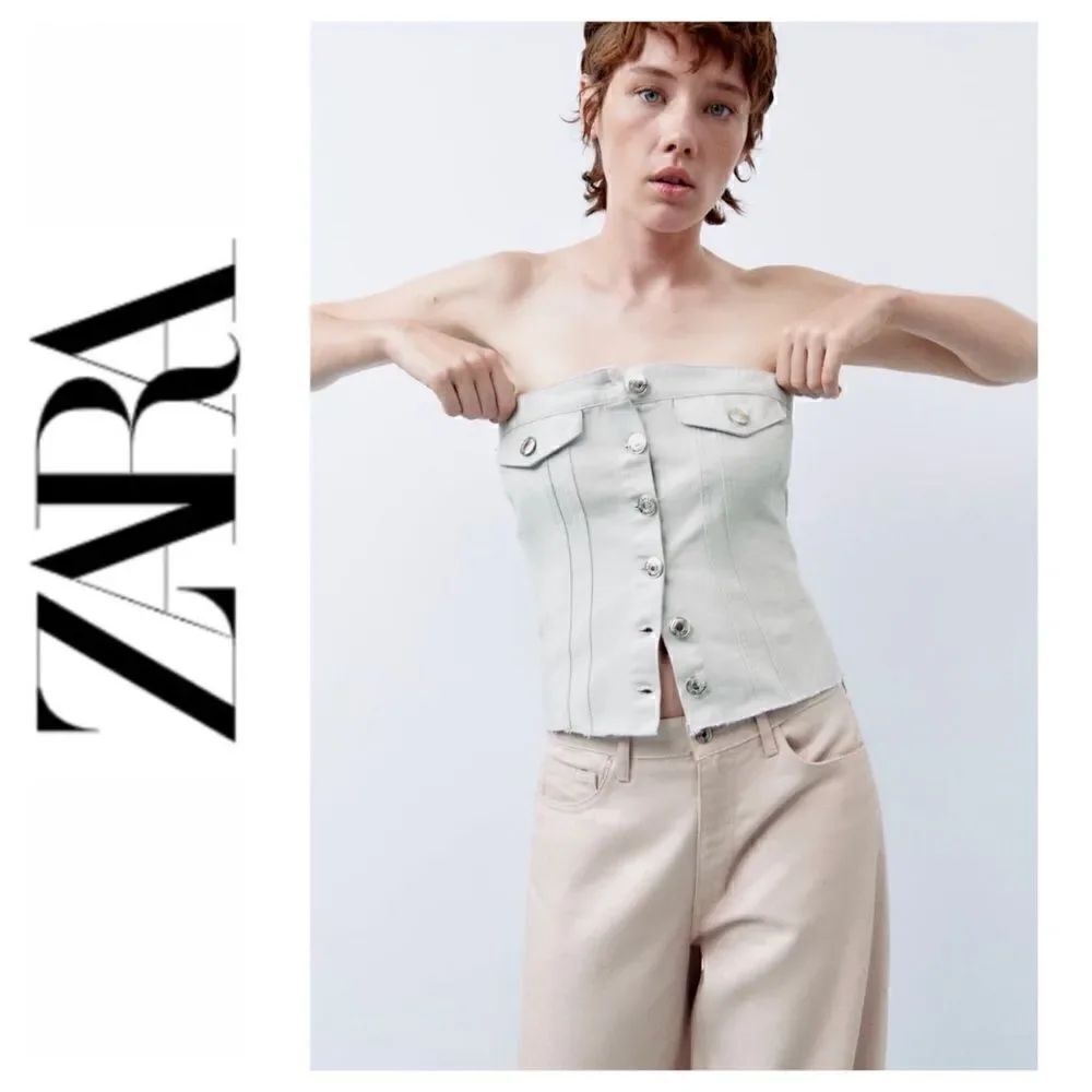 NWT Zara Corset Style Front Button Closure Frayed Hem Fitted Denim Top
